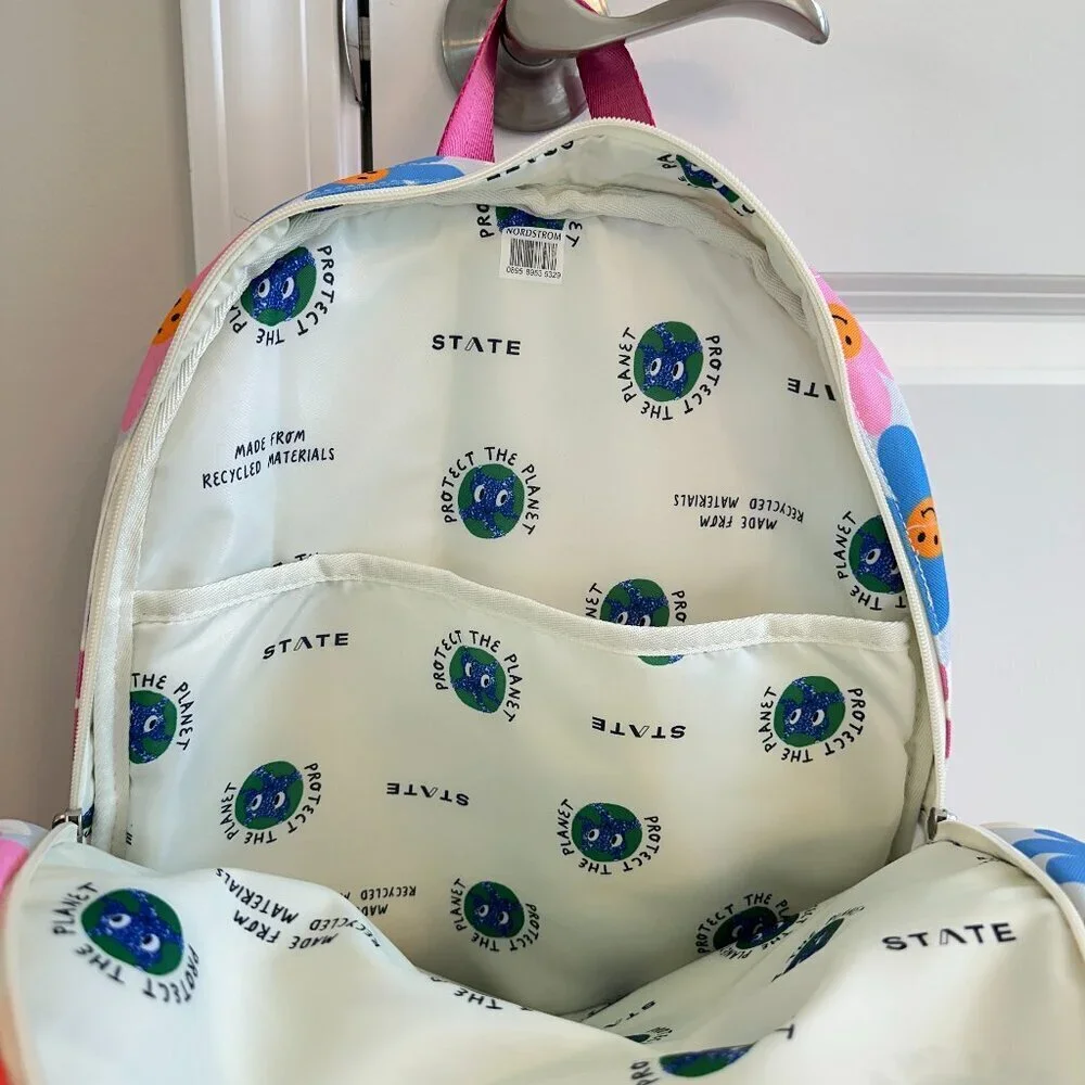 STATE Kids Backpack - White with Blue Pink Red Floral Smiley Print - Picture 6 of 10